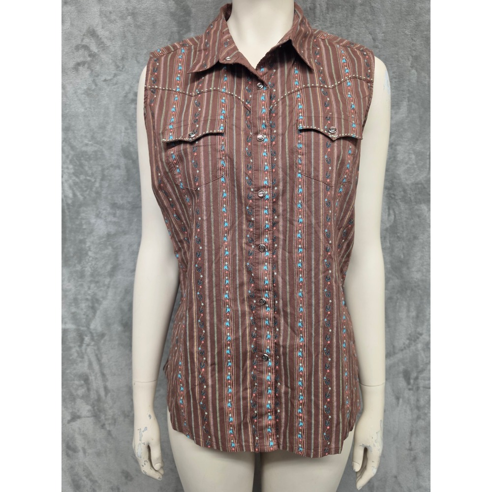 Wrangler Women Brown Sleeveless Western Pearl Snap Shirt Equestrian Cowgirl Larg